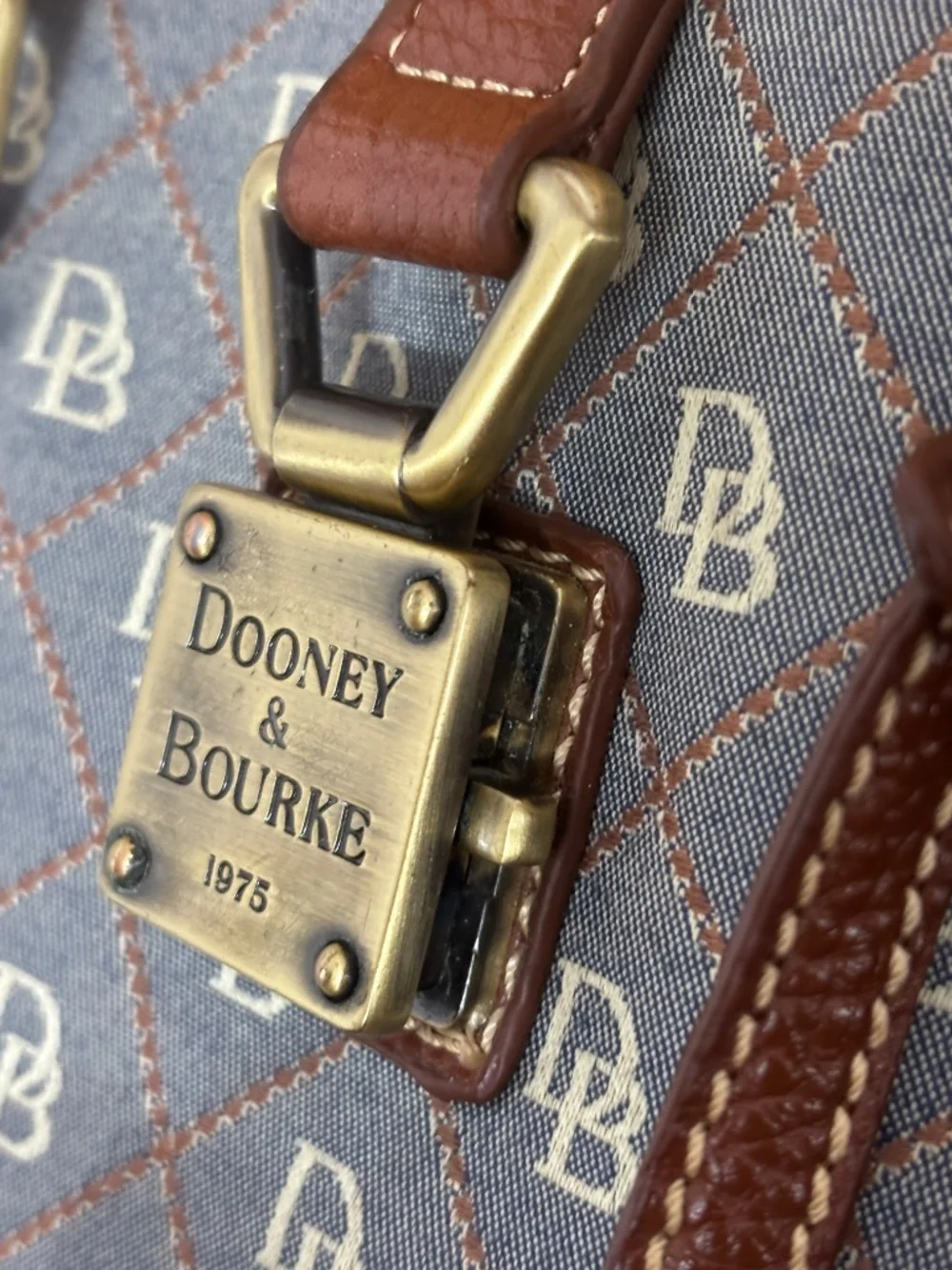 Dooney & Bourke Blue Gray Monogram Canvas Tote Brown Leather Duck Charm USA